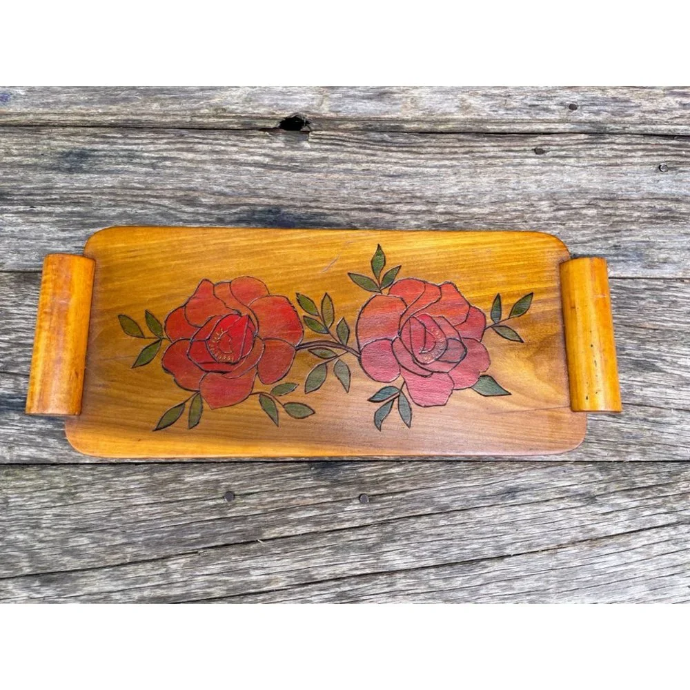 Vintage Wood Bread Serving Tray Carved Red Roses